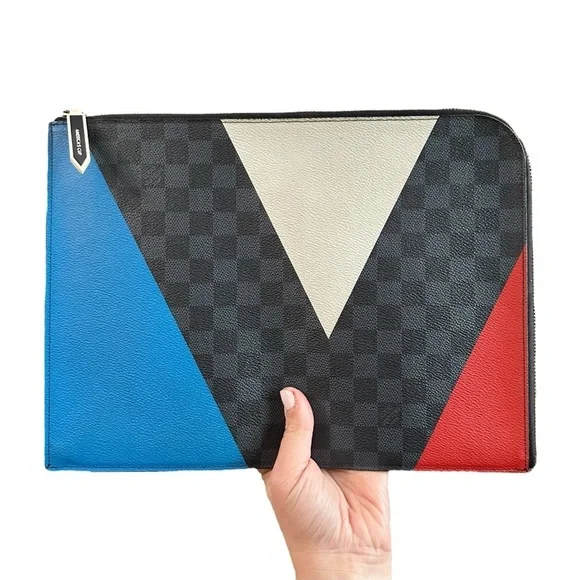 Authentic Louis Vuitton Damier Cobalt Red Blue & White Leather Cup Large Clutch - Picture 3 of 12